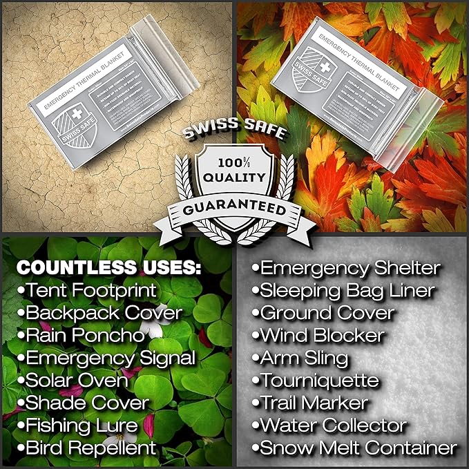 Swiss Safe Emergency Mylar Thermal Blankets + Bonus Space Blanket - Compact & Insulated for Cold Weather - Designed for NASA, Outdoor Camping, Survival, First Aid Car Kit - Silver, 75 Pack