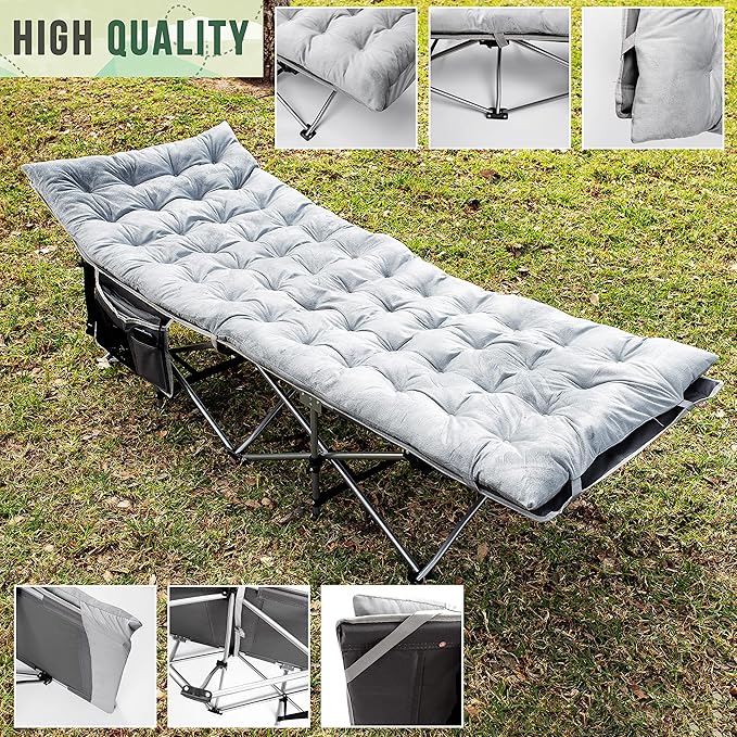 Zento Camping Cot and Mattress Folding Outdoor Travel Bed 2 Pack - Heavy Duty Max Load 450 LBS Premium Quality Cot Bed with Pad for Comfort Sleeping for Travel Home and Anytime Use