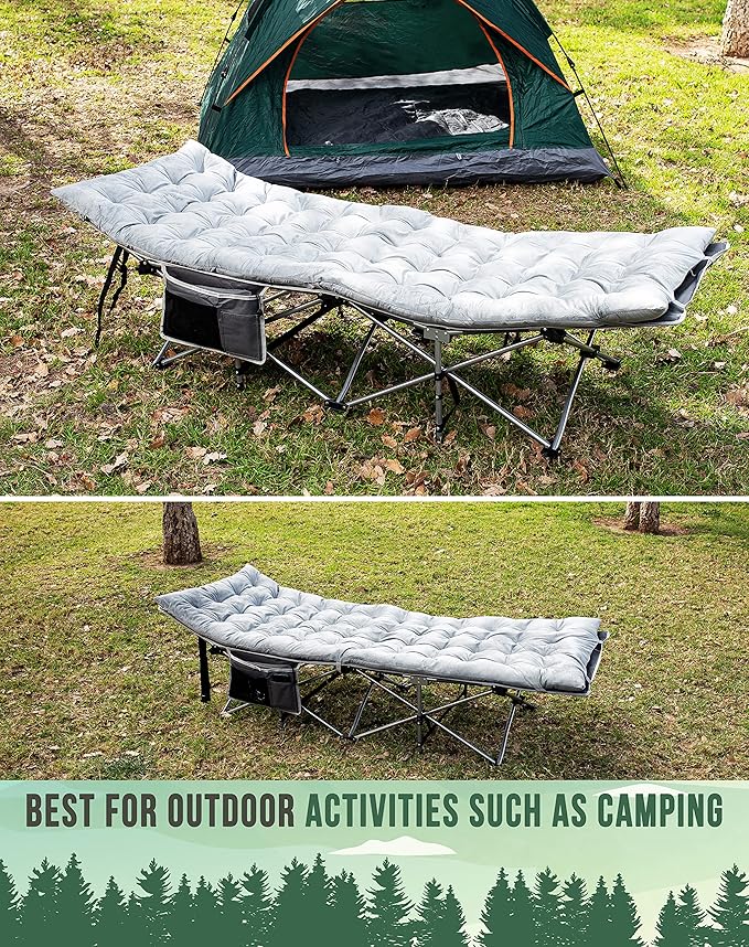Zento Camping Cot and Mattress Folding Outdoor Travel Bed 2 Pack - Heavy Duty Max Load 450 LBS Premium Quality Cot Bed with Pad for Comfort Sleeping for Travel Home and Anytime Use