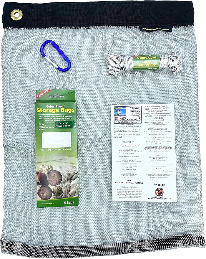 The RATSACK Ultralight Camping Bundle - Rodent Proof Dry Bag for Backpacking - Bear Bag Food Storage for Camping with Coghlans Odor Proof & Waterproof Bag, Survival Utility Rope and Carabiner (Medium)