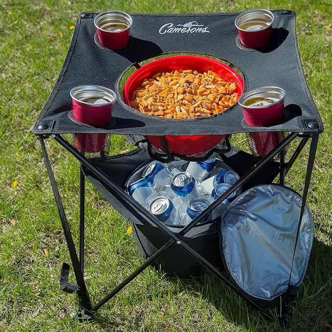 Camerons All-in-One Tailgating Table - Collapsible Folding Camping Table with Insulated Cooler, Mesh Food Basket and Travel Bag for Barbecues, Camping, The Beach, Tailgate Parties - Cookout Essential