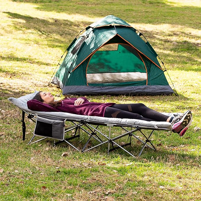 Zento Camping Cot and Mattress Folding Outdoor Travel Bed 2 Pack - Heavy Duty Max Load 450 LBS Premium Quality Cot Bed with Pad for Comfort Sleeping for Travel Home and Anytime Use