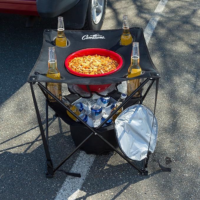 Camerons All-in-One Tailgating Table - Collapsible Folding Camping Table with Insulated Cooler, Mesh Food Basket and Travel Bag for Barbecues, Camping, The Beach, Tailgate Parties - Cookout Essential