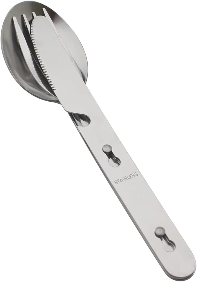 4-in-1 Camping Utensils Hiking Cutlery Set for 4, Portable Stainless Steel Flatware Spoon Fork, Knife & Bottle Opener Combo pack for Picnic Travel, Barbecue, Backpack Outdoor Gear with Carrying Bag
