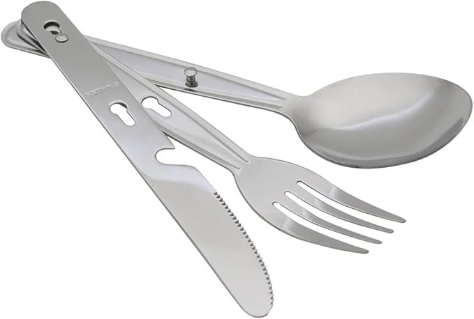 4-in-1 Camping Utensils Hiking Cutlery Set for 4, Portable Stainless Steel Flatware Spoon Fork, Knife & Bottle Opener Combo pack for Picnic Travel, Barbecue, Backpack Outdoor Gear with Carrying Bag