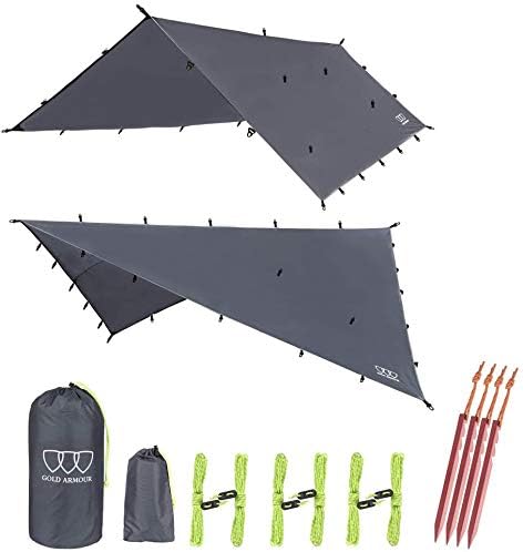 Gold Armour Rainfly Tarp Hammock, Premium 14.7ft/12ft/10ft/8ft Rain Fly Cover, Waterproof Ultralight Camping Shelter Canopy, Survival Equipment Gear Camping Tent Accessories (Gray 10ft x 10ft)