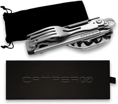 CAMPEROO® CAMPING UTENSILS SET - CAMPING CUTLERY - TRAVEL UTENSILS WITH CASE – 6 in 1 REUSABLE UTENSILS SET : SPOON, FORK, KNIFE, BOTTLE/CAN OPENER, CORKSCREW