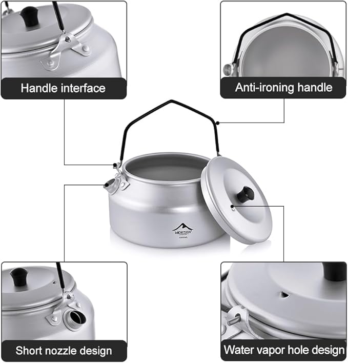 Widesea UltraLight 1L Camping Kettle, Hard-Anodized Aluminum Open Flame Safe Tea & Coffee Pot with Heat-Resistant Handle, Portable for Campfire, Backpacking, Hiking, and Outdoor Adventures