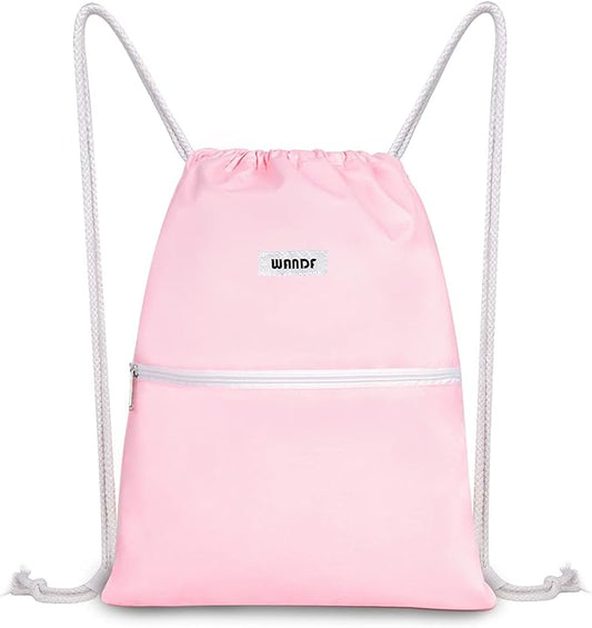 WANDF Drawstring Backpack String Bag Sackpack Cinch Water Resistant Nylon for Sport Yoga Gym Shopping (Light Pink)