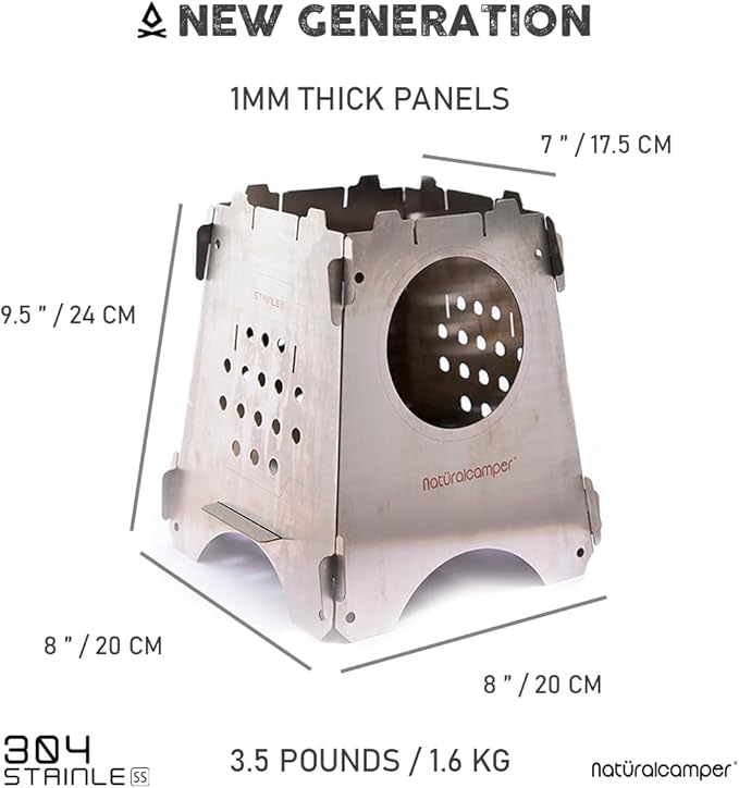 Portable Wood Stove - Portable Campfire With Grill - Backpacking Stove - Survival Stove kit - Fire Box XL - 304 Stainless Steel - Flat Pack Stove - 8" x 8" x 9.5" NEW GENERATION
