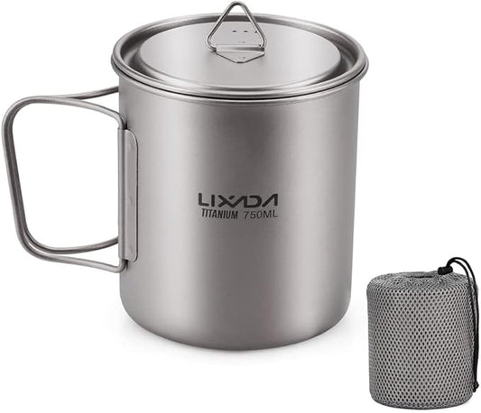 Lixada Titanium Pot, Lightweight Camping Pot Titanium Cup Titanium Backpacking Pot with Portable Foldable Handles for Outdoor Camping Hiking Backpacking