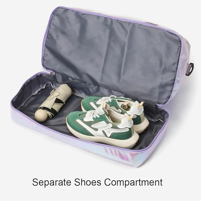 Holographic Shimmering Gym Duffle Bag with Shoes Compartment & Wet Pocket, Women Weekend Overnight Travel Bag Gymnastic Dance Bag for Girl (purple)