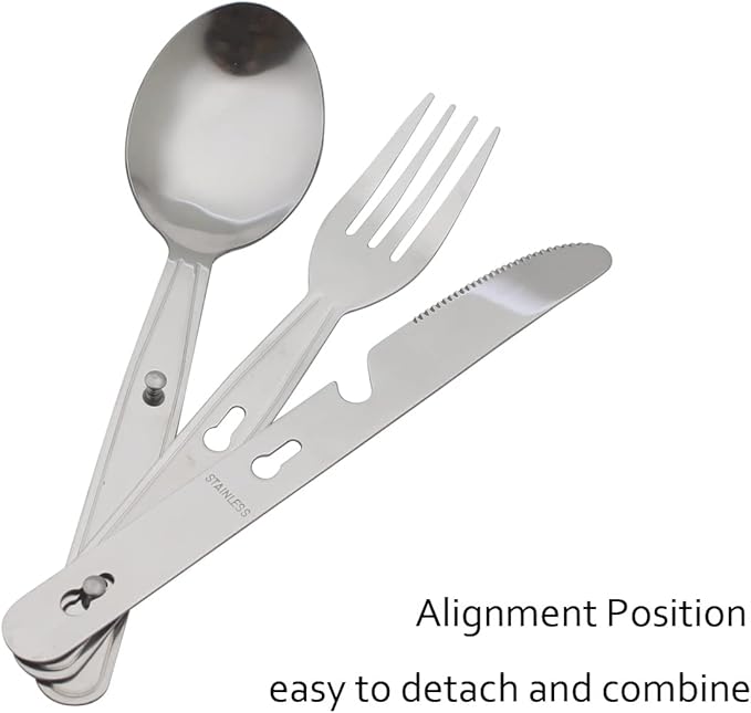 4-in-1 Camping Utensils Hiking Cutlery Set for 4, Portable Stainless Steel Flatware Spoon Fork, Knife & Bottle Opener Combo pack for Picnic Travel, Barbecue, Backpack Outdoor Gear with Carrying Bag