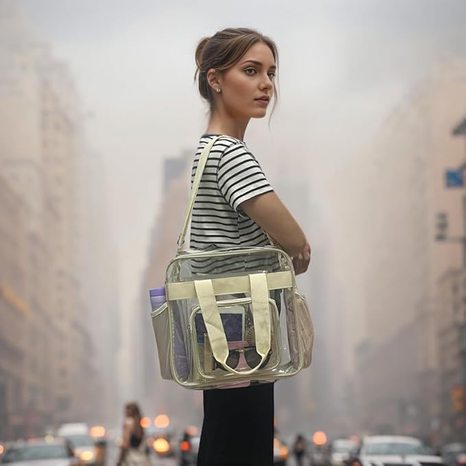 FlowFly Clear Bag for Stadium Events With Shoulder Strap for Women, Men, Large and Reusable Lunch Container, Work and Sporting Events, Travel 12x6x12 Clear Tote Bag, Clear#Biege