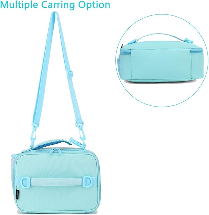 FlowFly Kids Lunch Bag, Durable Insulated School Lunch Box with Shoulder Strap and Bottle Holder, Water-resistant Thermal Small Lunch Cooler Tote for Teen Boys & Girls,Light Blue