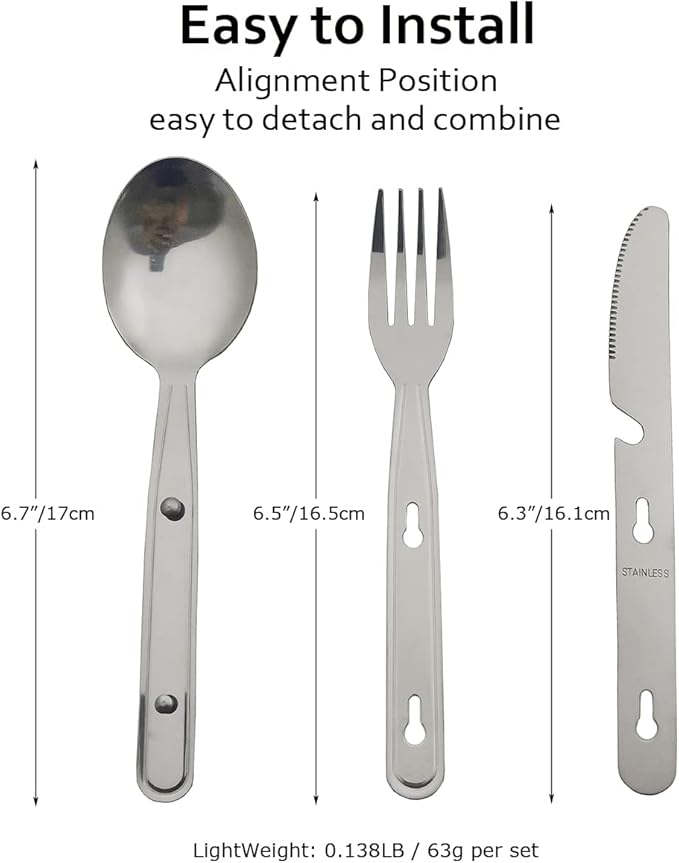 4-in-1 Camping Utensils Hiking Cutlery Set for 4, Portable Stainless Steel Flatware Spoon Fork, Knife & Bottle Opener Combo pack for Picnic Travel, Barbecue, Backpack Outdoor Gear with Carrying Bag