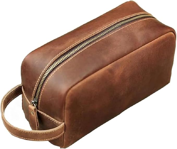 Toiletry Bag for Men or Women, Full Grain Leather Handcrafted Dopp Kit, Vintage Travel Leather Toiletry Travel Pouch, Large Cosmetic Bathroom Travel Shaving Bag, Fully Lined with Cotton Fabric