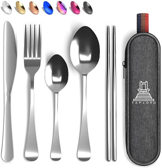 Portable Travel Silverware Set With Case, Includes 5 Pcs of Travel Utensils With Case, Stainless Steel Flatware Set For Camping, Easy to Travel, Lightweight (Silver), Medium, TL-05S