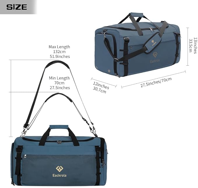 Eackrola Extra Large Sports Gym Bag, Travel Duffel bag with Wet Pocket & Shoes Compartment for men women, 85L, Lightweight （Haze Blue）