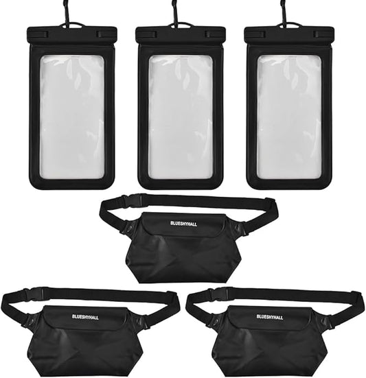 JSCARLIFE Waterproof Phone Pouch Fanny Pack (6 Pack), Waterproof Bag for Cruise Boating Swimming Snorkeling Kayaking Beach Poo Accessories, Waterproof Case Water Protector Waist Pouch for Women Men