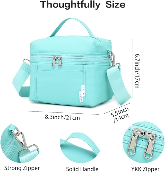 NOL Natural Organic Lifestyle Insulated Lunch Bags for Women Cooler Bag Lightweight Nylon Waterproof Lunch Box For Work（Small, Cyan