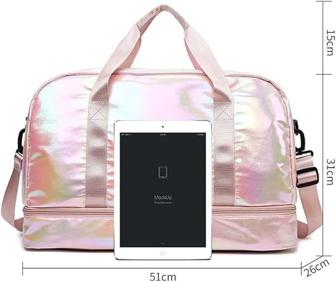 Holographic Shimmering Gym Duffle Bag with Shoes Compartment & Wet Pocket, Women Weekend Overnight Travel Bag Gymnastic Dance Bag for Girl (blue)