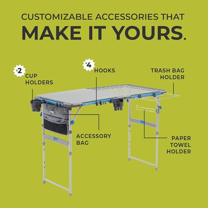 CORE Outdoor Cook Table | 4 Foot Table with Adjustable Height and Storage for Cooking Accessories | Foldable & Portable for Beach, Picnic, Backyards, BBQ, Tailgate, Patio and Party