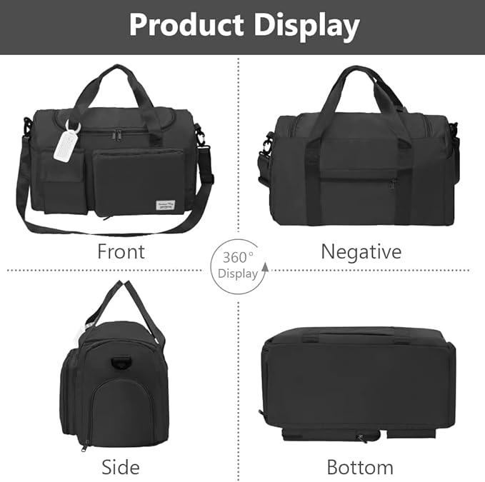 Travel Duffel Bag, Foldable Gym Bag with Luggage Tag, Large Capacity Weekend Overnight Bags with Wet and Dry Separation Bag, Waterproof Sports Tote Bag, for Travel, Sports, Gym (Black)