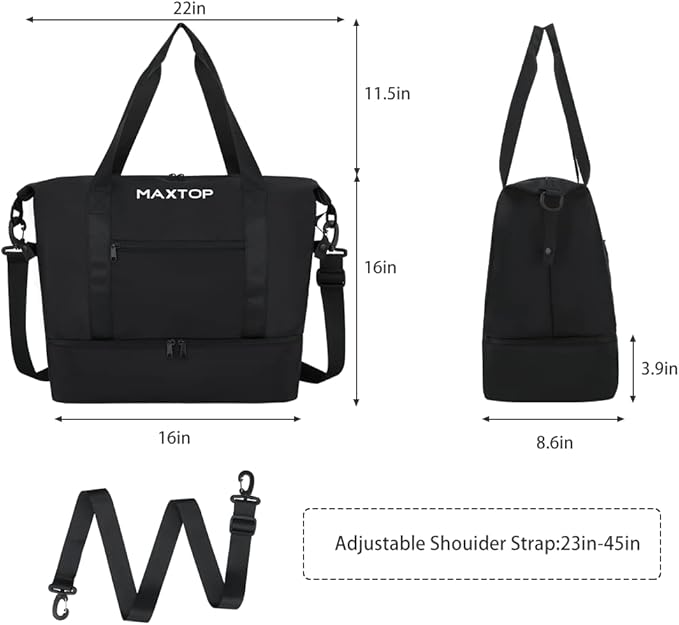 MAXTOP Travel Duffle Bag for Women Weekender Overnight Bags Large Capacity Carry On Duffel Bag With Shoe Compartment,Sports Gym Tote Bag with Dry and Wet Separation Black