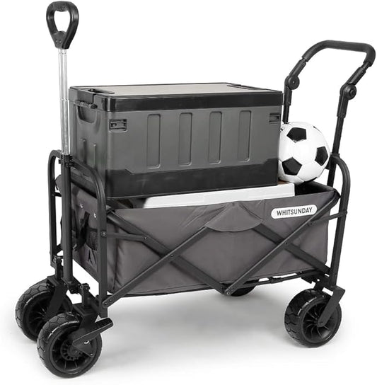 WHITSUNDAY Collapsible Folding Garden Outdoor Park Utility Wagon Picnic Camping Cart with Bearing and Brake 8" All Terrain Wheels with Push Bar (Grey)