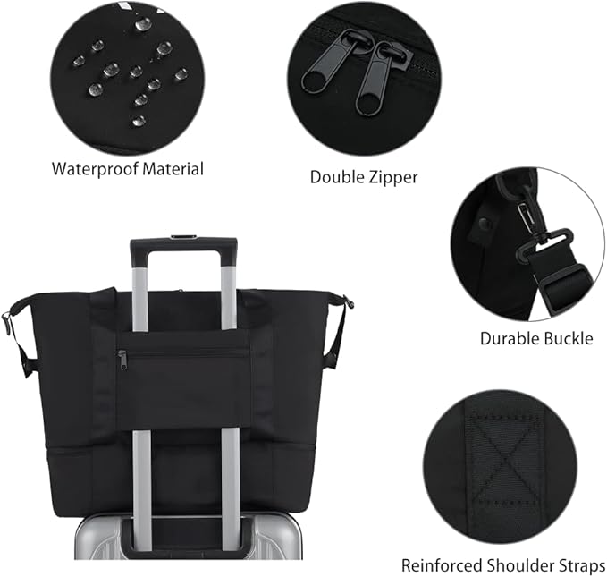 MAXTOP Travel Duffle Bag for Women Weekender Overnight Bags Large Capacity Carry On Duffel Bag With Shoe Compartment,Sports Gym Tote Bag with Dry and Wet Separation Black