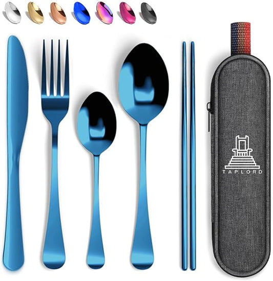 Portable Travel Silverware Set With Case, Includes 5 Pcs of Travel Utensils With Case, Stainless Steel Flatware Set For Camping, Easy to Travel, Lightweight (Blue)