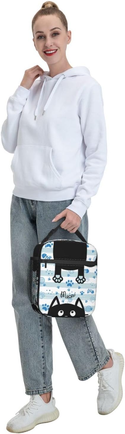 Black Cat Lunch Box for Kids Boys Girls, Blue and White Striped Cat Paws Insulated Lunch Bag for Women Men, Leakproof Durable Lunch Cooler for School Work Picnic