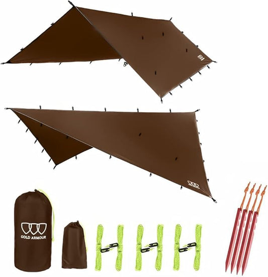 Gold Armour Rainfly Tarp Hammock, Premium 14.7ft/12ft/10ft/8ft Rain Fly Cover, Waterproof Ultralight Camping Shelter Canopy, Survival Equipment Gear Camping Tent Accessories (Brown 10ft x 8ft)