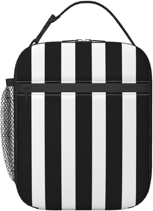 Black and White Stripe Lunch Box Reusable Insulated Totes Lunch Bag Thermal Cooler For Boy Girls School Men Women Beach Picnic Travel
