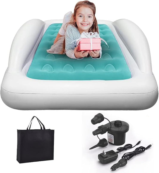 Inflatable Toddler Travel Bed with Sides Camping Air Mattress Idea for Outdoor Indoor Use (Green)