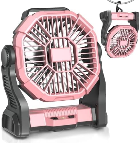 Camping Fan Rechargeable, Cordless Battery Powered Camping Fan with LED Lantern, Hanging Hook, 270°Rotation, 20000mAh Personal Battery Operated for Beach, Picnic, Fishing, Travel, Tent, BBQ