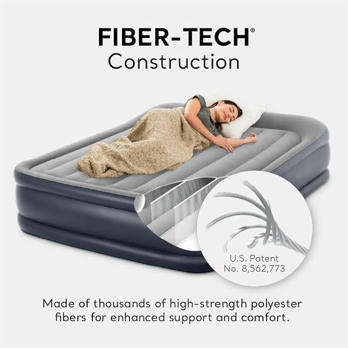 Intex 64135ED Dura-Beam Plus Deluxe Pillow Rest Air Mattress: Fiber-Tech – Queen Size – Built-in Electric Pump – 16.5in Bed Height – 600lb Weight Capacity