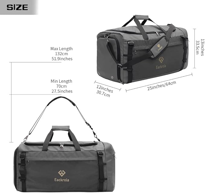 Eackrola Large Sports Gym Bag, Travel Duffel bag with Wet Pocket & Shoes Compartment for men women, 65L, Lightweight