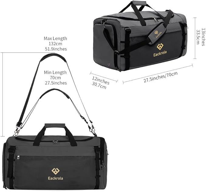 Eackrola Extra Large Sports Gym Bag, Travel Duffel bag with Wet Pocket & Shoes Compartment for men women, 85L, Lightweight （Gray）