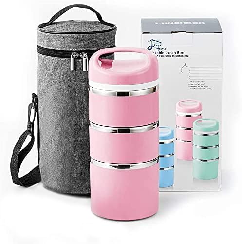 Lille Home Stackable Stainless Steel Thermal Compartment Lunch/Snack Box, 3-Tier Insulated Bento/Food Container with Lunch Bag and 3 Extra Silicone Seals, 43OZ, Pink