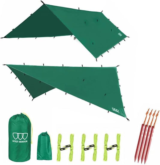 Gold Armour Rainfly Tarp Hammock, Premium 14.7ft/12ft/10ft/8ft Rain Fly Cover, Waterproof Ultralight Camping Shelter Canopy, Survival Equipment Gear Camping Tent Accessories (Green 10ft x 10ft)