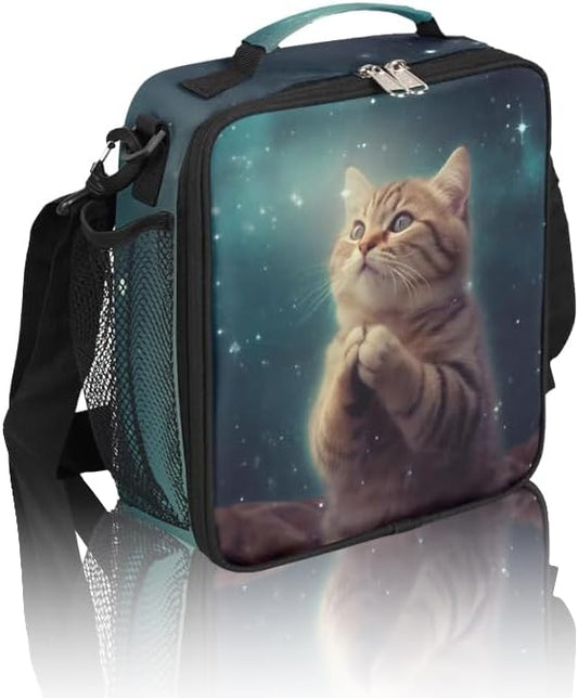 Cat Lunch Box for Kids, Cute Kitten Space Universe Lunch Bag for Boys Girls, Reusable Insulated Waterproof Lunch Box with Adjustable Shoulder Strap Thermal Cooler Tote Bag for School Daycare Picnic