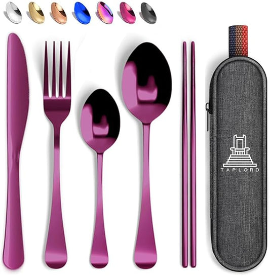 Portable Travel Silverware Set With Case, Includes 5 Pcs of Travel Utensils With Case, Stainless Steel Flatware Set For Camping, Easy to Travel, Lightweight (Purple), Medium, TL-05P