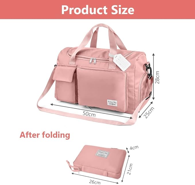 Travel Duffel Bag, Foldable Gym Bag with Luggage Tag, Large Capacity Weekend Overnight Bags with Wet and Dry Separation Bag, Waterproof Sports Tote Bag, for Travel, Sports, Gym (Pink)