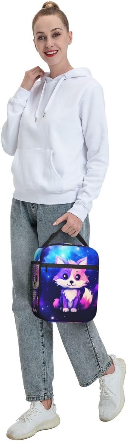 Galaxy Fox Printed Insulated Lunch Box Portable Lunch Bag with Detachable Handle,Reusable Lunchbox for Office Work Travel Picnic Camping Beach