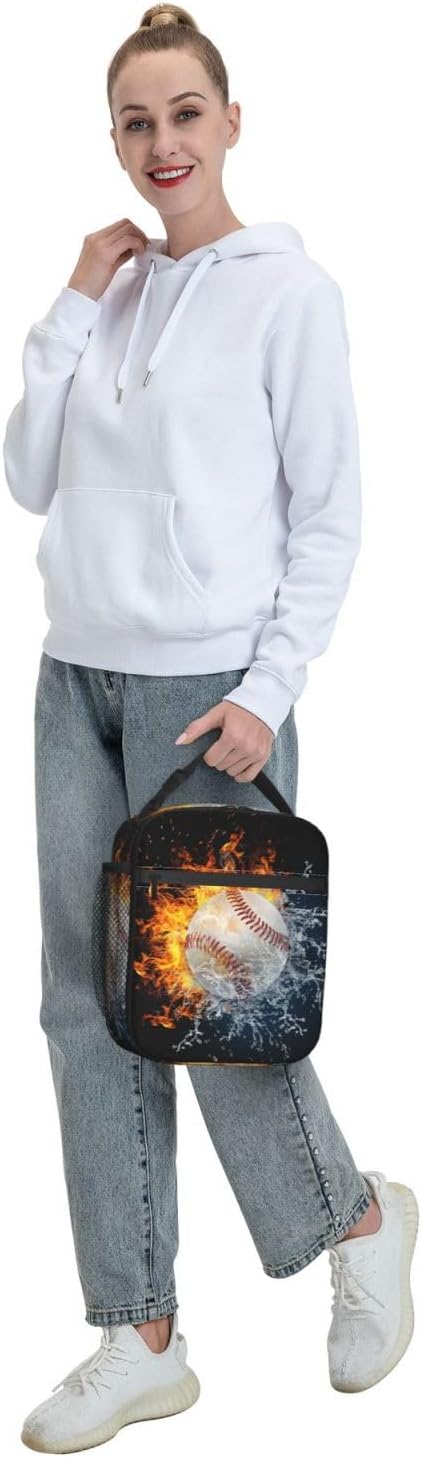 White Baseball Stitches Lunch Box,Cool Fire Water Sport Lunch Bag Sport Insulated for Men Women, Portable Kids Lunch Bag Reusable Baseball Cooler lunchbox for School Work Travel