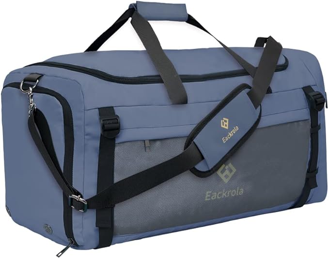 Eackrola Large Sports Gym Bag, Travel Duffel bag with Wet Pocket & Shoes Compartment for men women, 65L, Lightweight（Haze Blue）