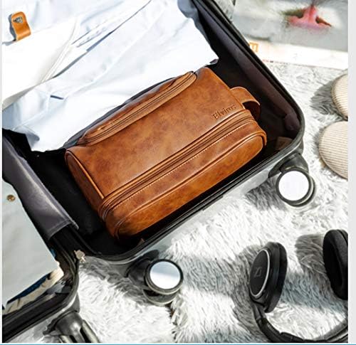 Elviros Toiletry Bag for Mens PU Leather Travel Organizer Kit with Hanging hook, Large Water-resistant Toiletries Bathroom Shaving Bags (Extra Large, Brown)