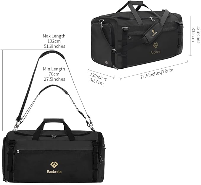 Eackrola Extra Large Sports Gym Bag, Travel Duffel bag with Wet Pocket & Shoes Compartment for men women, 85L, Lightweight （Black）
